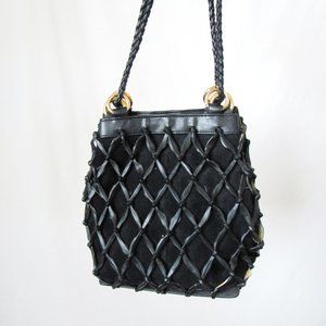 VINTAGE Tiannl Italian Black Suede Leather Purse Shoulder Bag Classic Gold